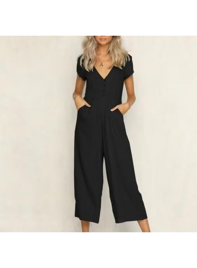 Barbora Linen Casual Summer V Neck Short Leg Design Women's Jumpsuit LN1010BLACK4 - Image 1